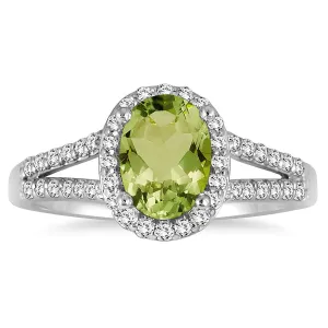 1 1/4 Carat Oval Peridot And Diamond Ring In 10K White Gold