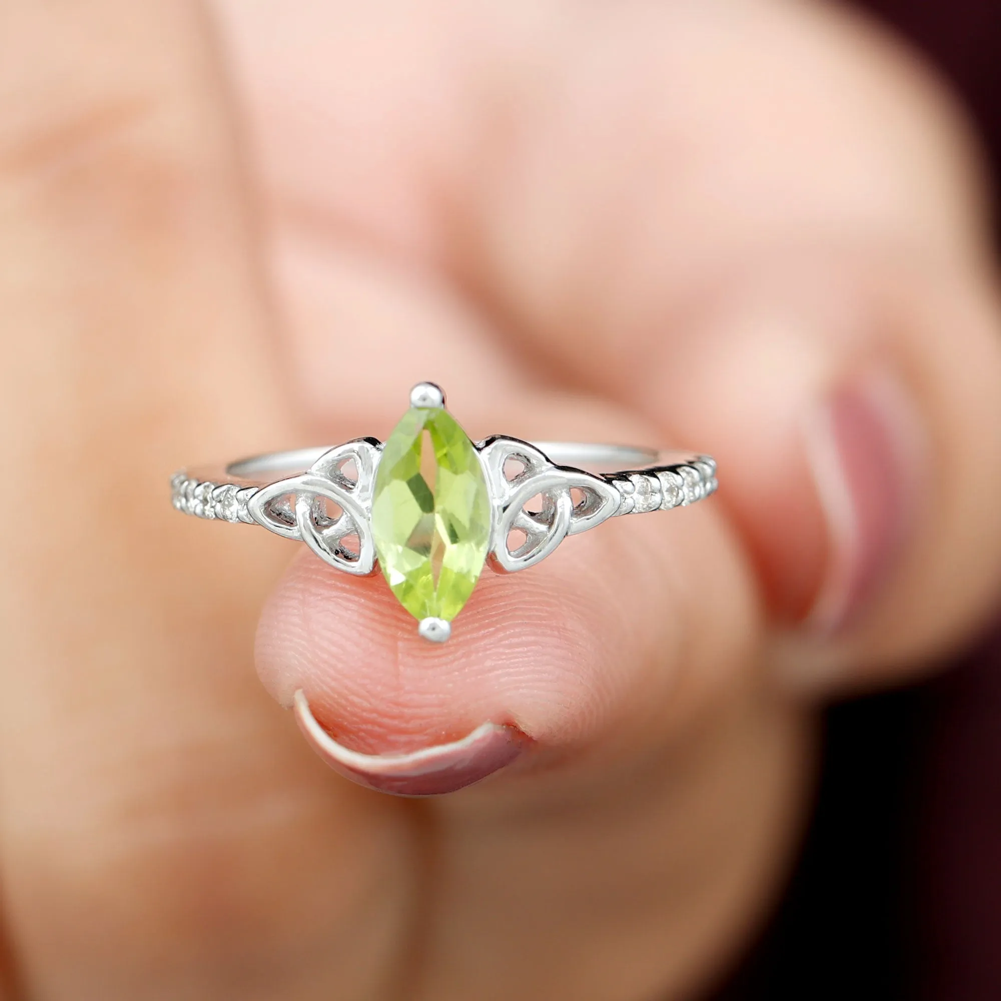 1 CT Marquise Cut Peridot Solitaire Celtic Ring with Diamond Side Stones