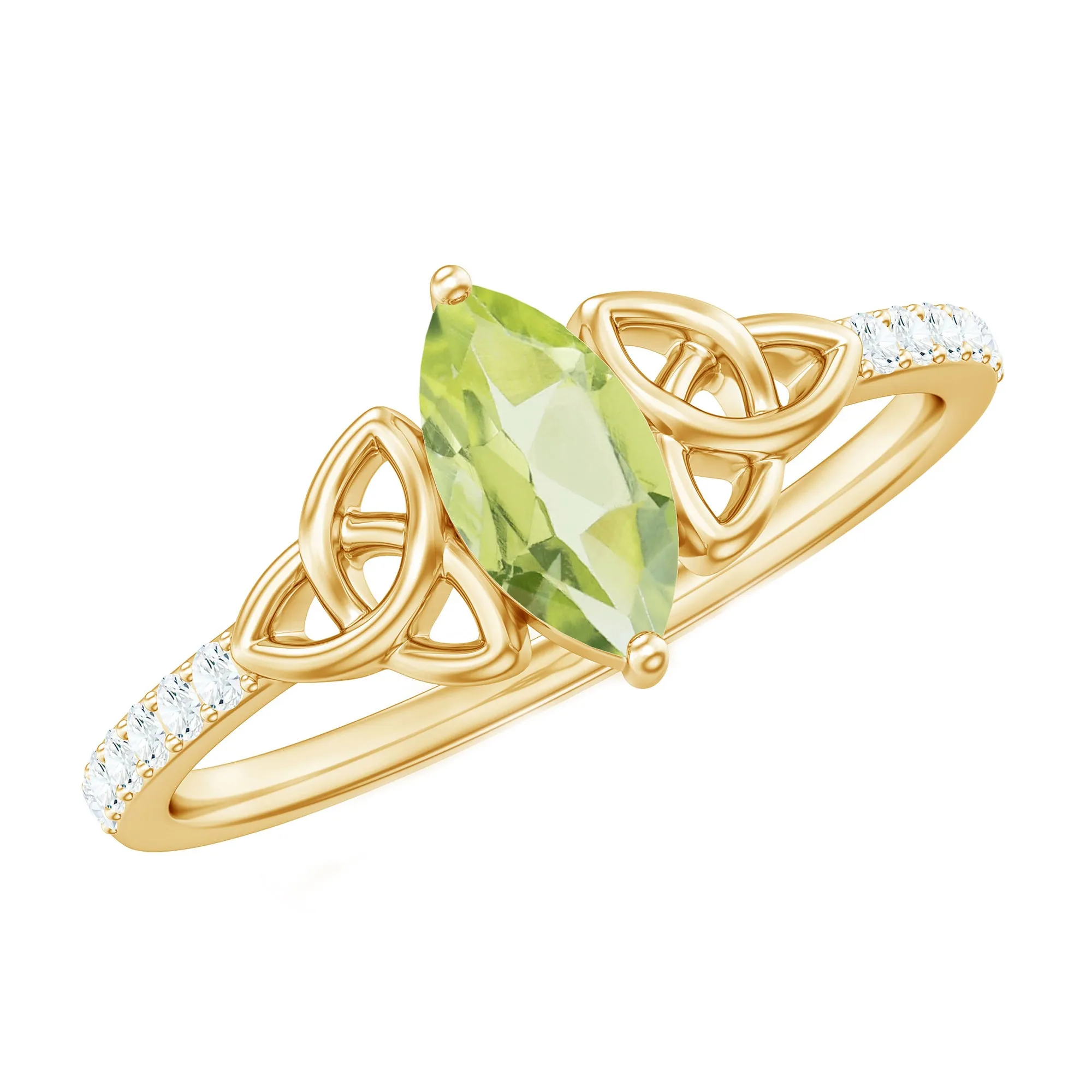 1 CT Marquise Cut Peridot Solitaire Celtic Ring with Diamond Side Stones