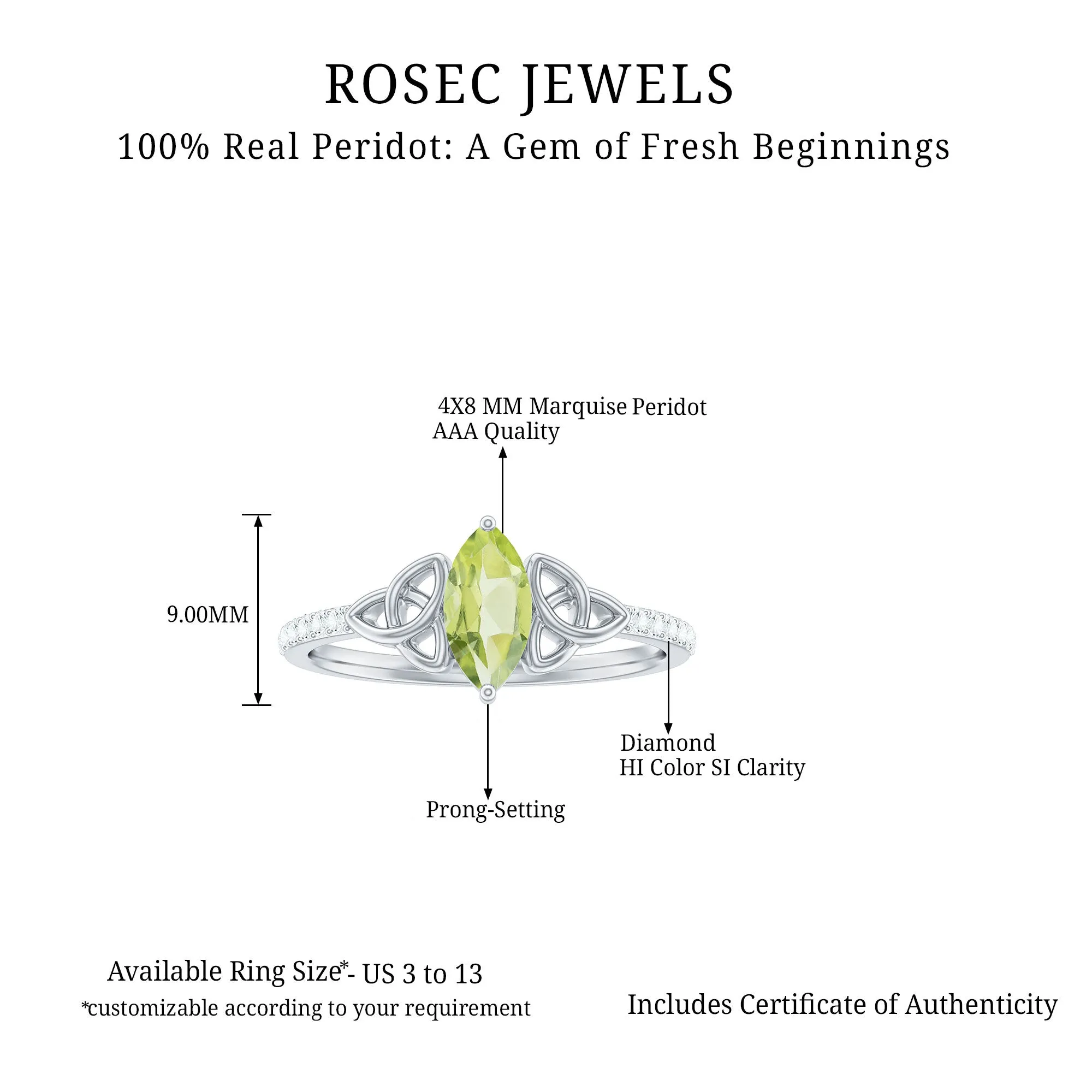1 CT Marquise Cut Peridot Solitaire Celtic Ring with Diamond Side Stones