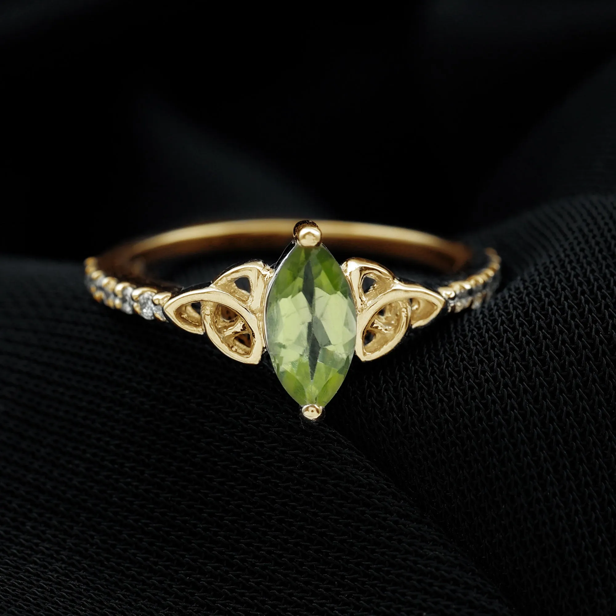 1 CT Marquise Cut Peridot Solitaire Celtic Ring with Diamond Side Stones