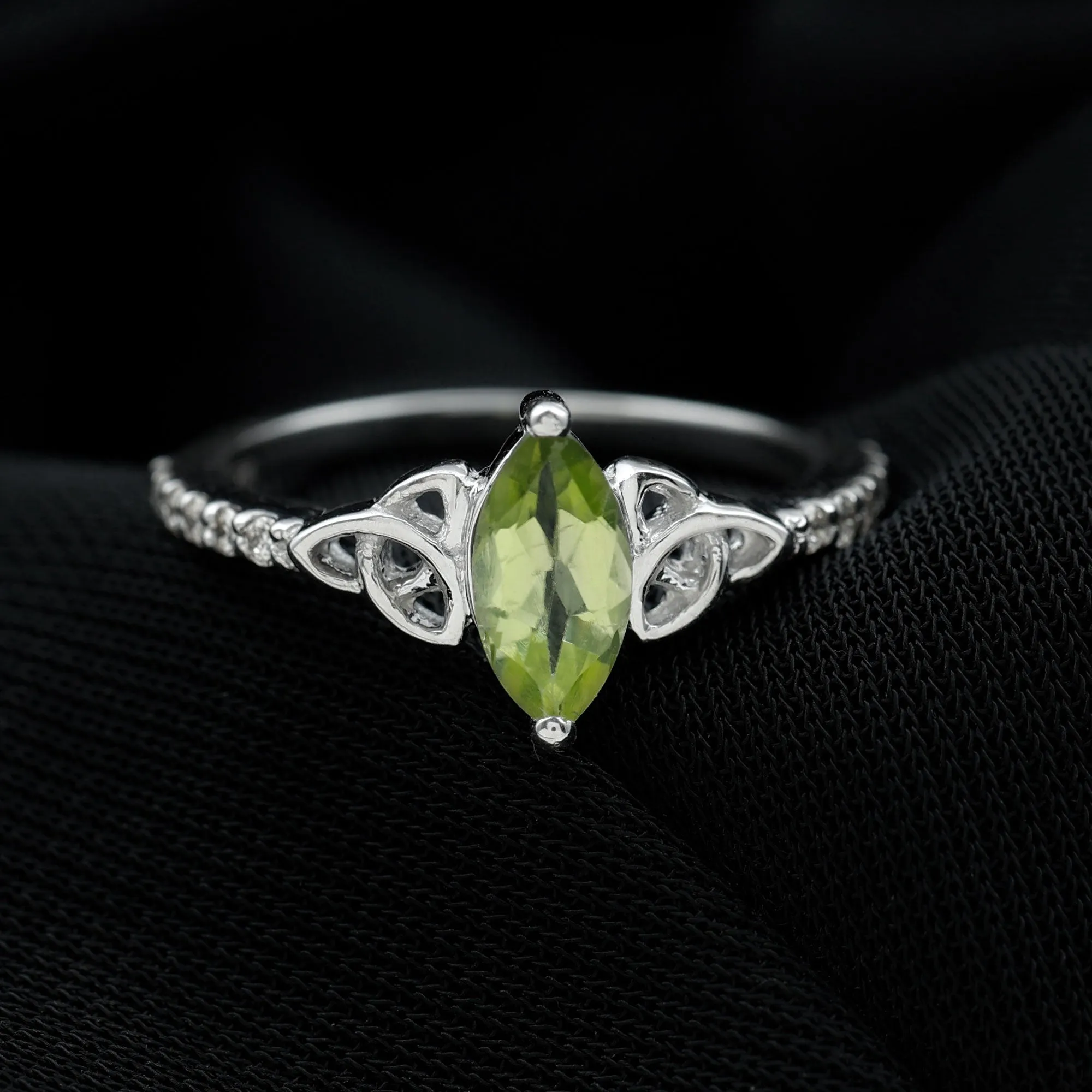 1 CT Marquise Cut Peridot Solitaire Celtic Ring with Diamond Side Stones