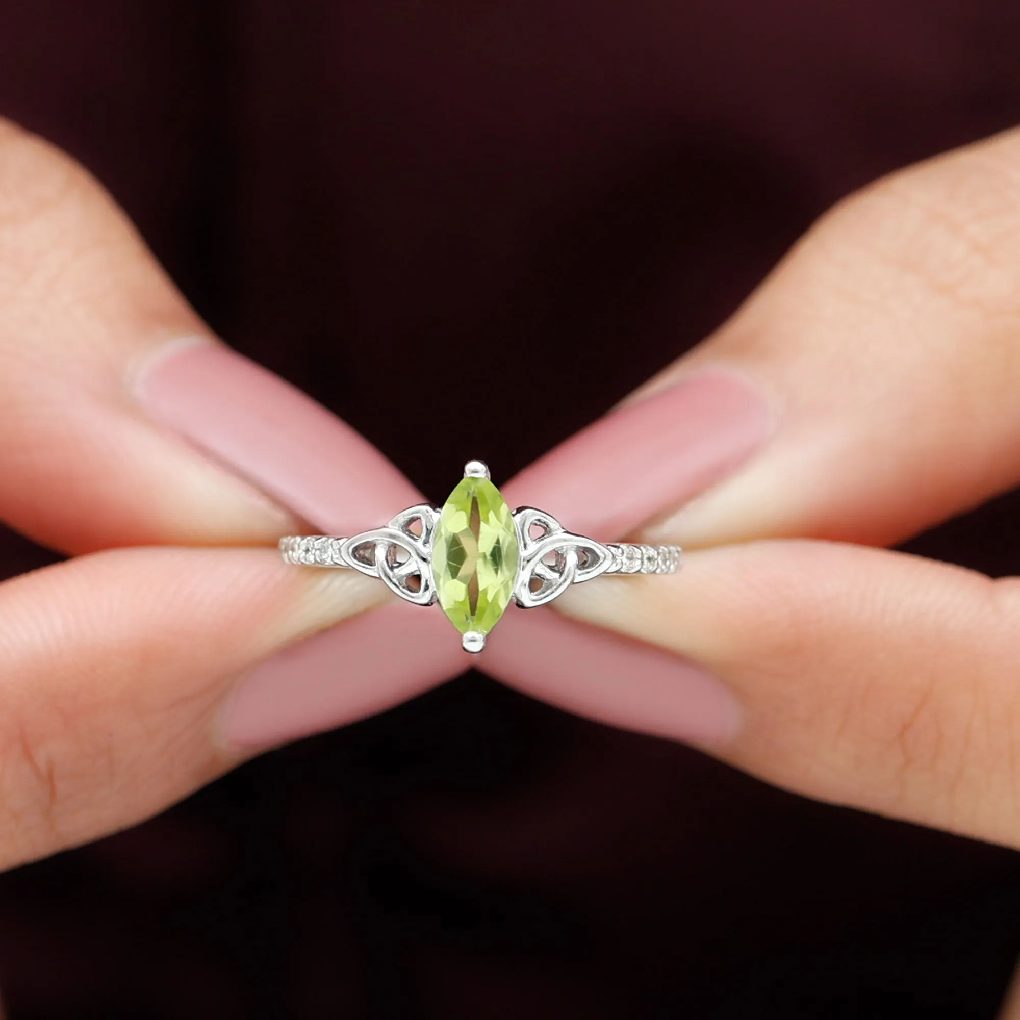 1 CT Marquise Cut Peridot Solitaire Celtic Ring with Diamond Side Stones