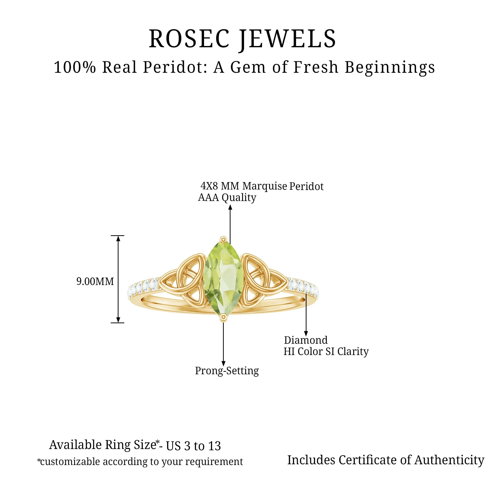 1 CT Marquise Cut Peridot Solitaire Celtic Ring with Diamond Side Stones