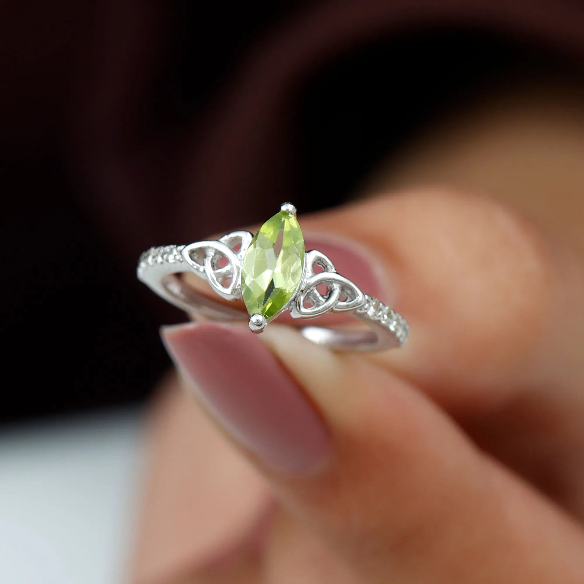 1 CT Marquise Cut Peridot Solitaire Celtic Ring with Diamond Side Stones