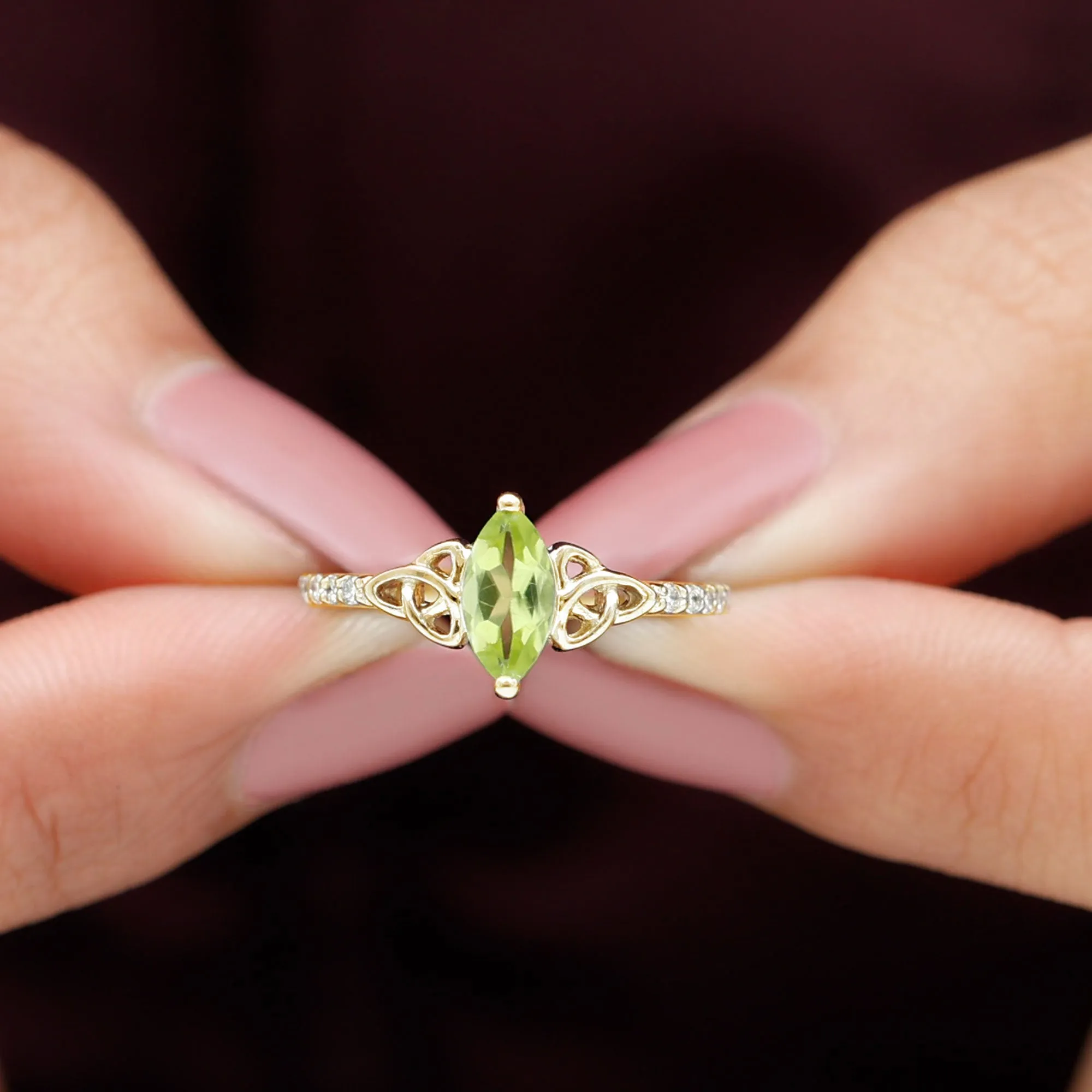 1 CT Marquise Cut Peridot Solitaire Celtic Ring with Diamond Side Stones