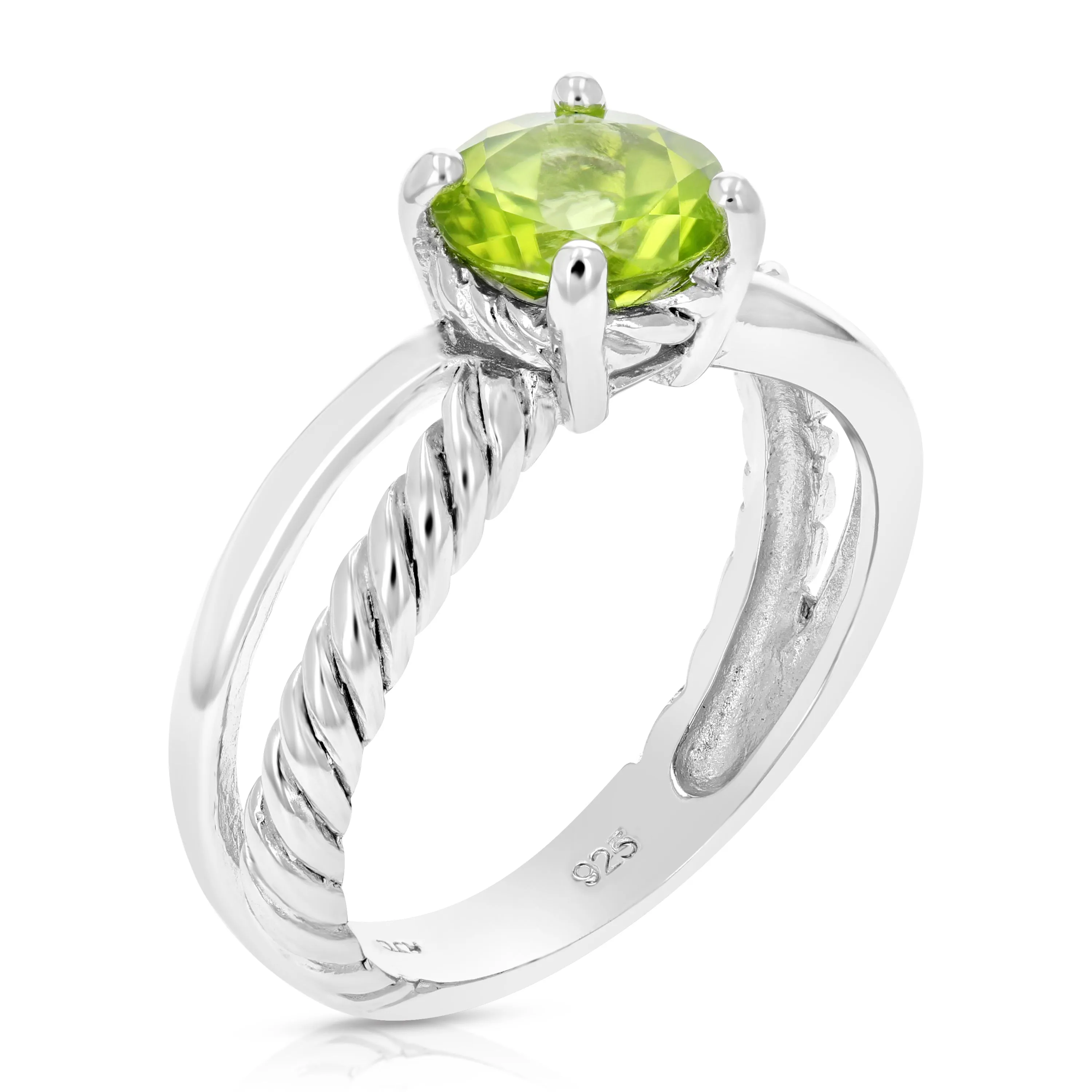 1 cttw Peridot Ring .925 Sterling Silver with Rhodium Plating Round Shape 7 MM