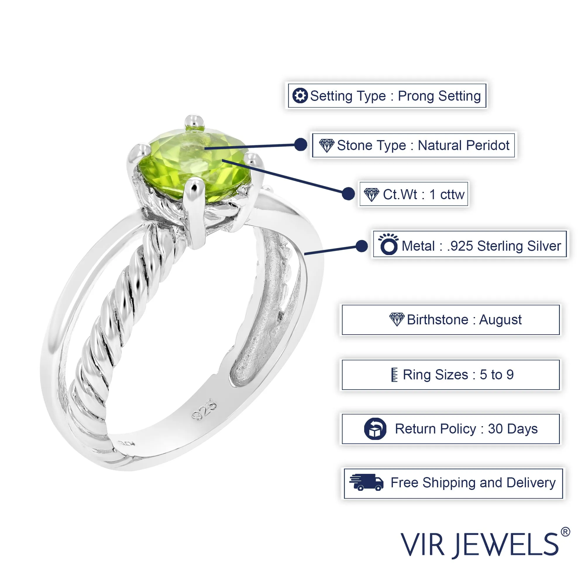 1 cttw Peridot Ring .925 Sterling Silver with Rhodium Plating Round Shape 7 MM