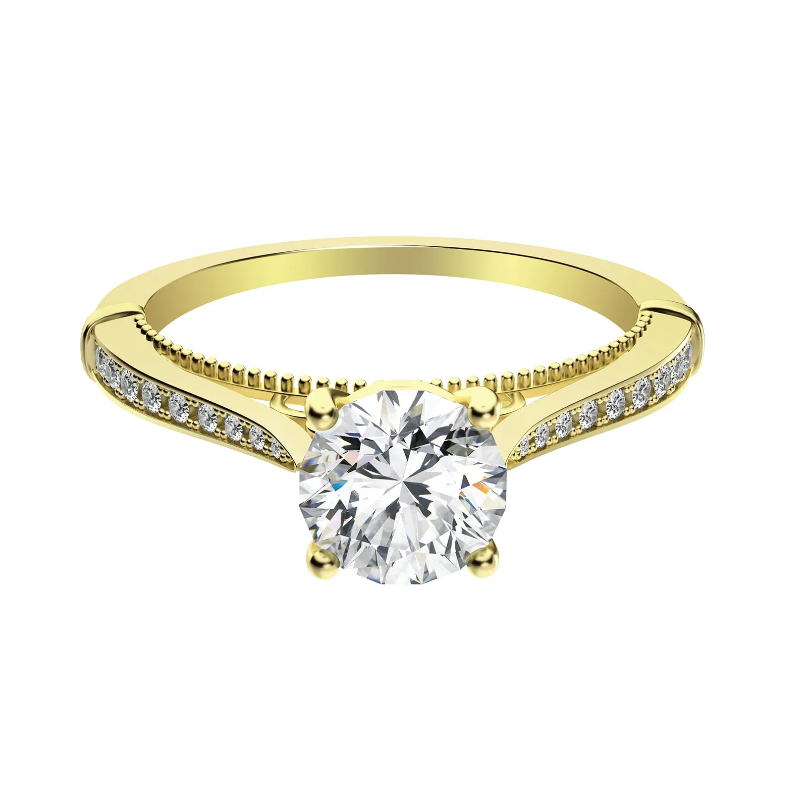 1 Row Detailed Accented Round Cut Moissanite Diamond Ring in Yellow/White Gold