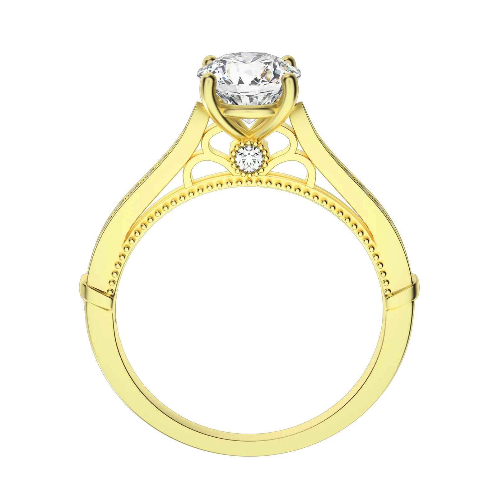 1 Row Detailed Accented Round Cut Moissanite Diamond Ring in Yellow/White Gold