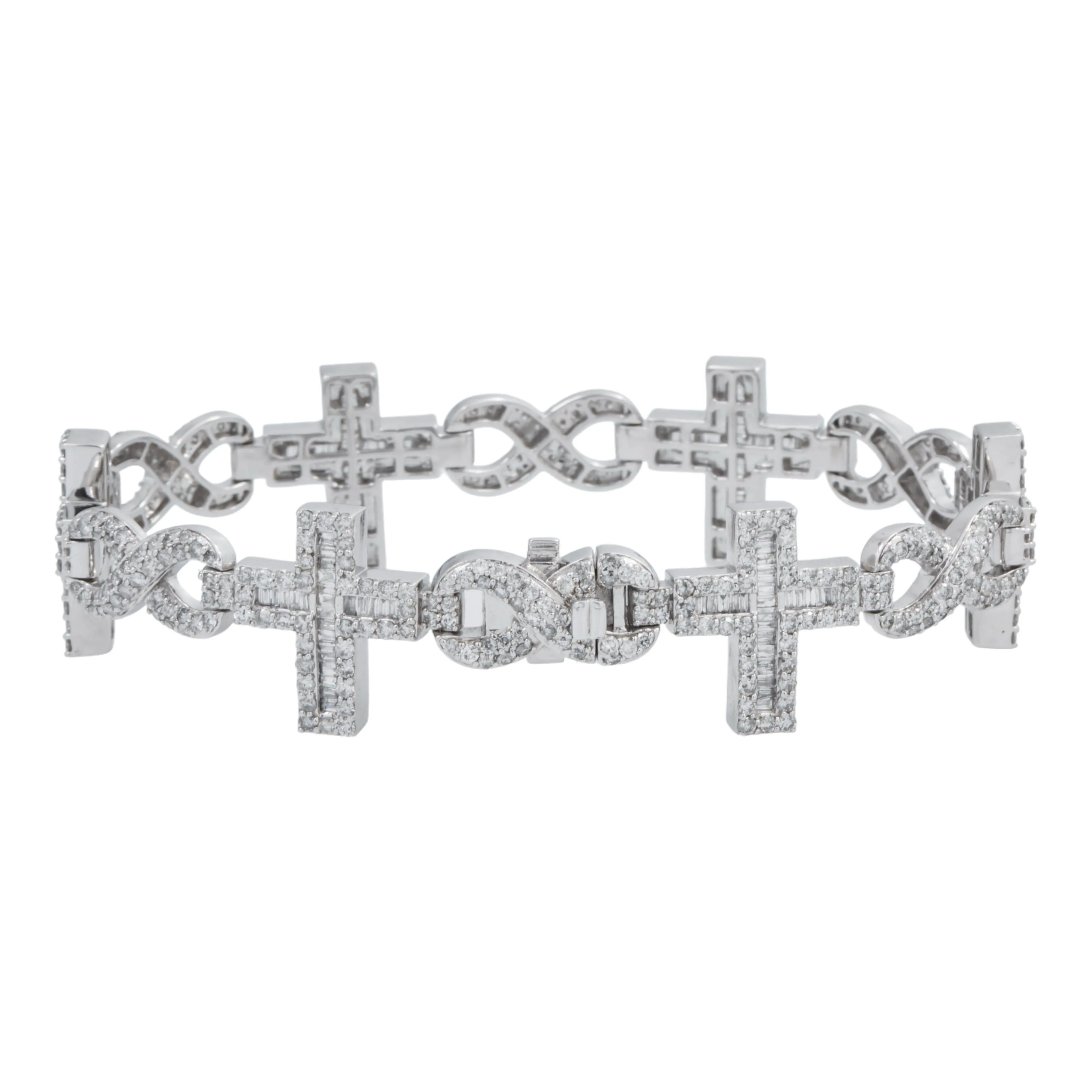 10K GOLD ROUND AND BAGUETTE DIAMONDS CROSS INFINITY CHAIN BRACELET 7.65 CT