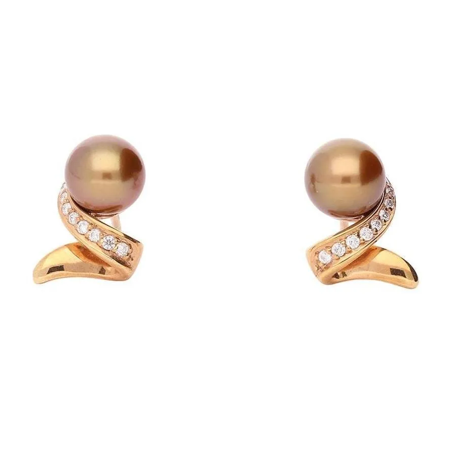 14ct Rose gold & chocolate pearl earrings with a twist of diamonds