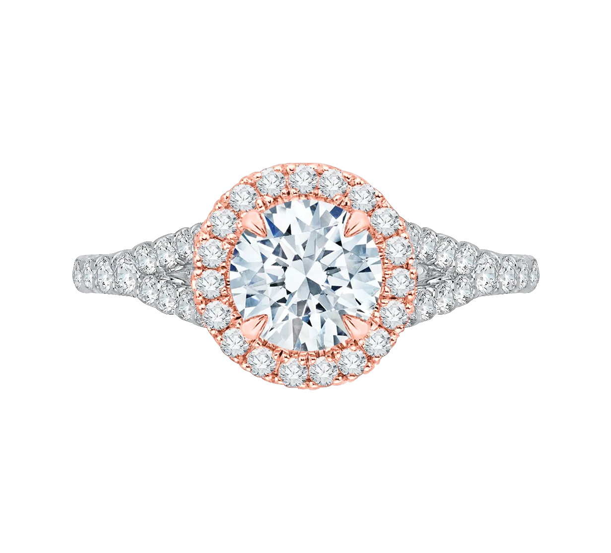 14K Two Tone Gold Round Diamond Halo Engagement Ring with Split Shank (Semi Mount)