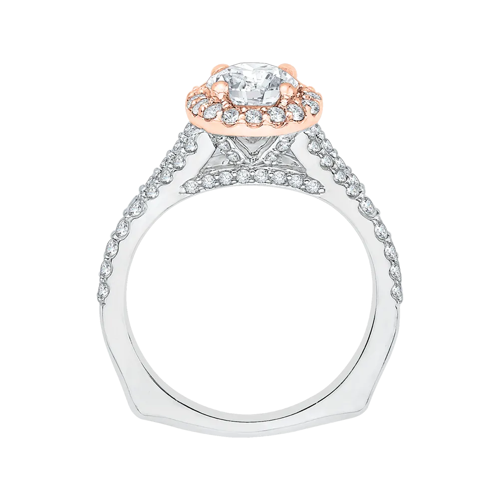 14K Two Tone Gold Round Diamond Halo Engagement Ring with Split Shank (Semi Mount)