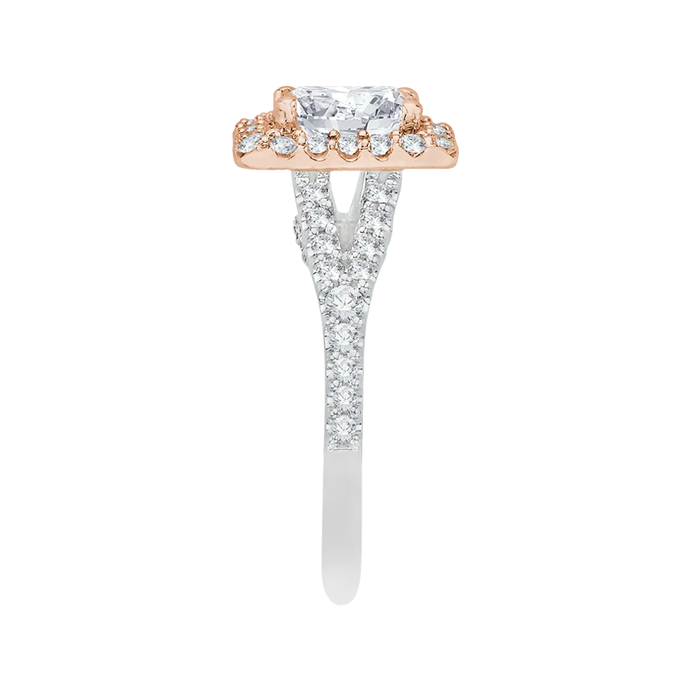 14K Two Tone Gold Round Diamond Halo Engagement Ring with Split Shank (Semi Mount)