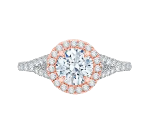 14K Two Tone Gold Round Diamond Halo Engagement Ring with Split Shank (Semi Mount)