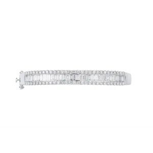 14K White Gold Baguette and Round Diamond Clasped Bangle