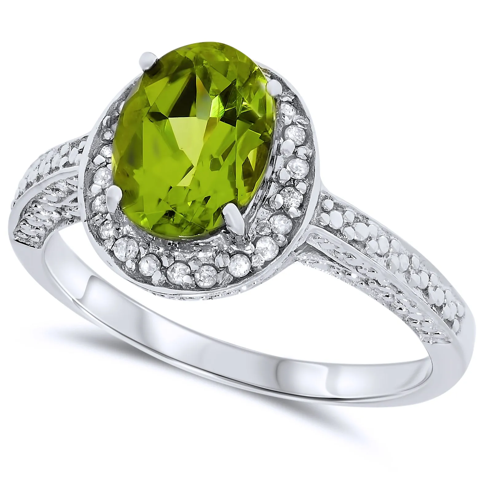 14k White Gold Green Oval Peridot Gemstone and Diamond Halo Ring, Birthstone of August.