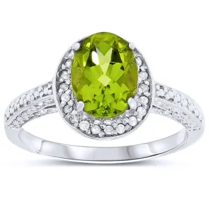 14k White Gold Green Oval Peridot Gemstone and Diamond Halo Ring, Birthstone of August.
