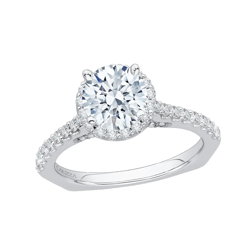 14K White Gold Round Cut Diamond Halo Engagement Ring with Euro Shank (Semi Mount)