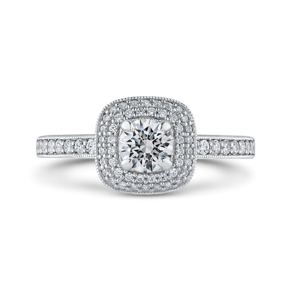 14K White Gold Round Diamond Double Halo Cathedral Style Engagement Ring