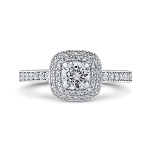 14K White Gold Round Diamond Double Halo Cathedral Style Engagement Ring