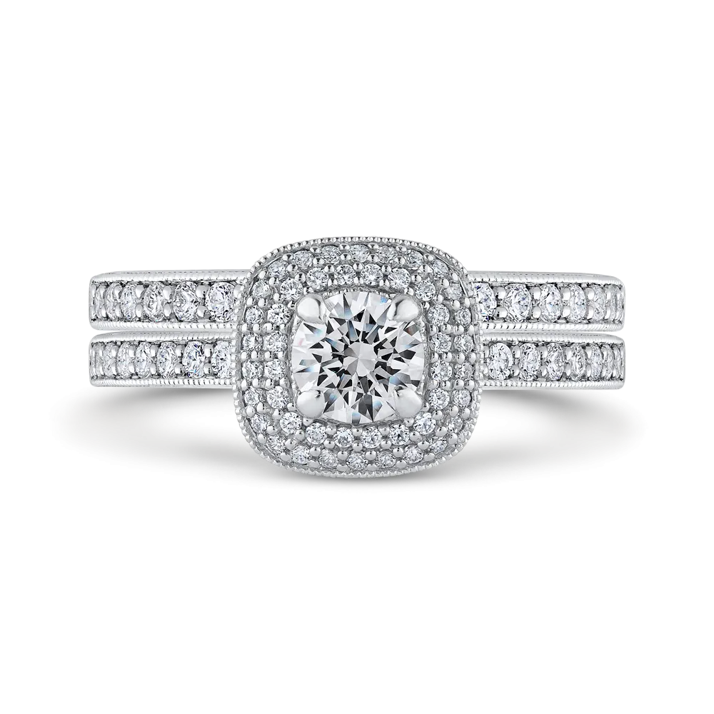 14K White Gold Round Diamond Double Halo Cathedral Style Engagement Ring