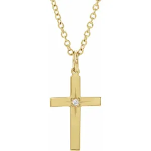 14K Yellow Gold .0075 CT Natural Diamond Youth Cross 15" Necklace