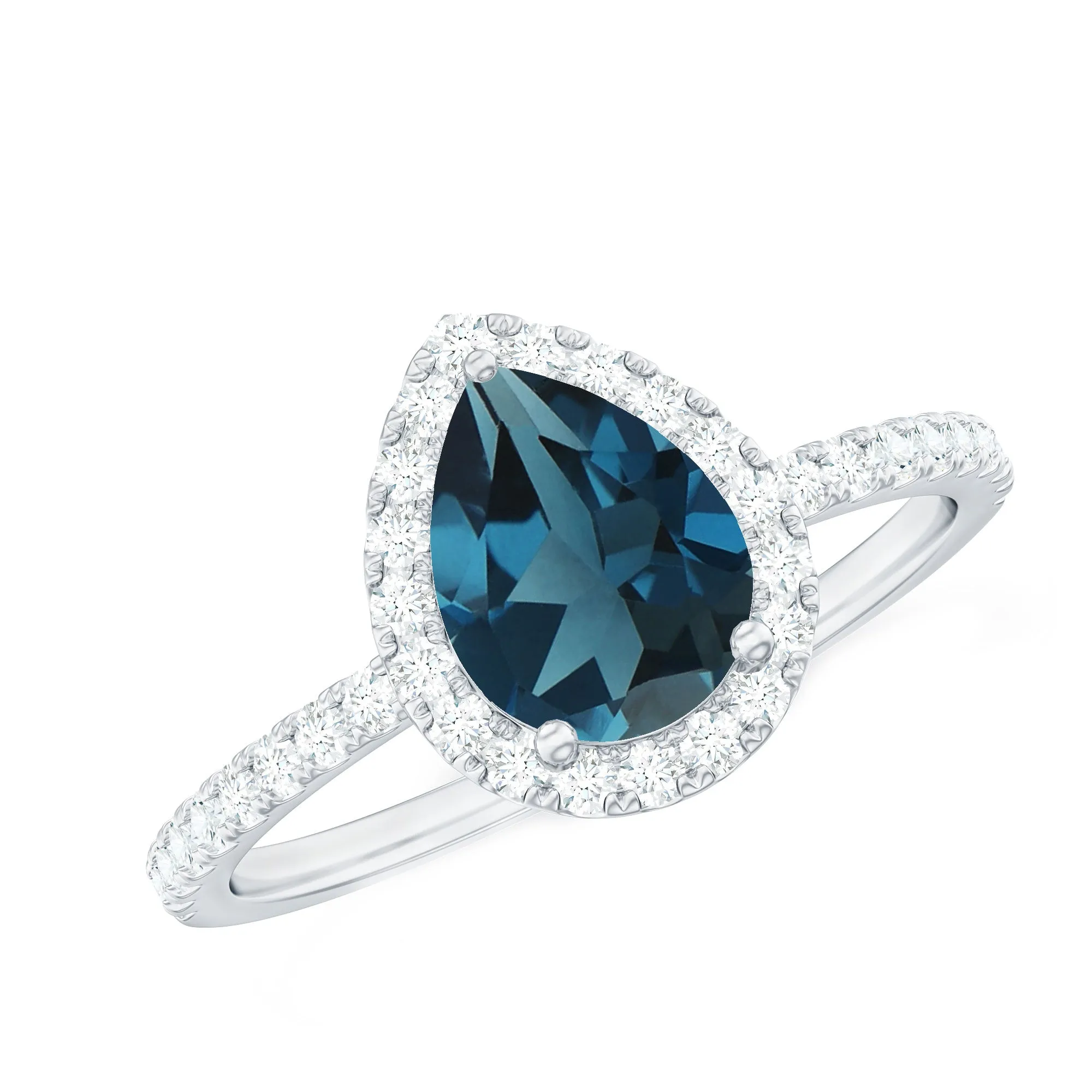 1.5 CT Teardrop London Blue Topaz Ring with Moissanite Halo