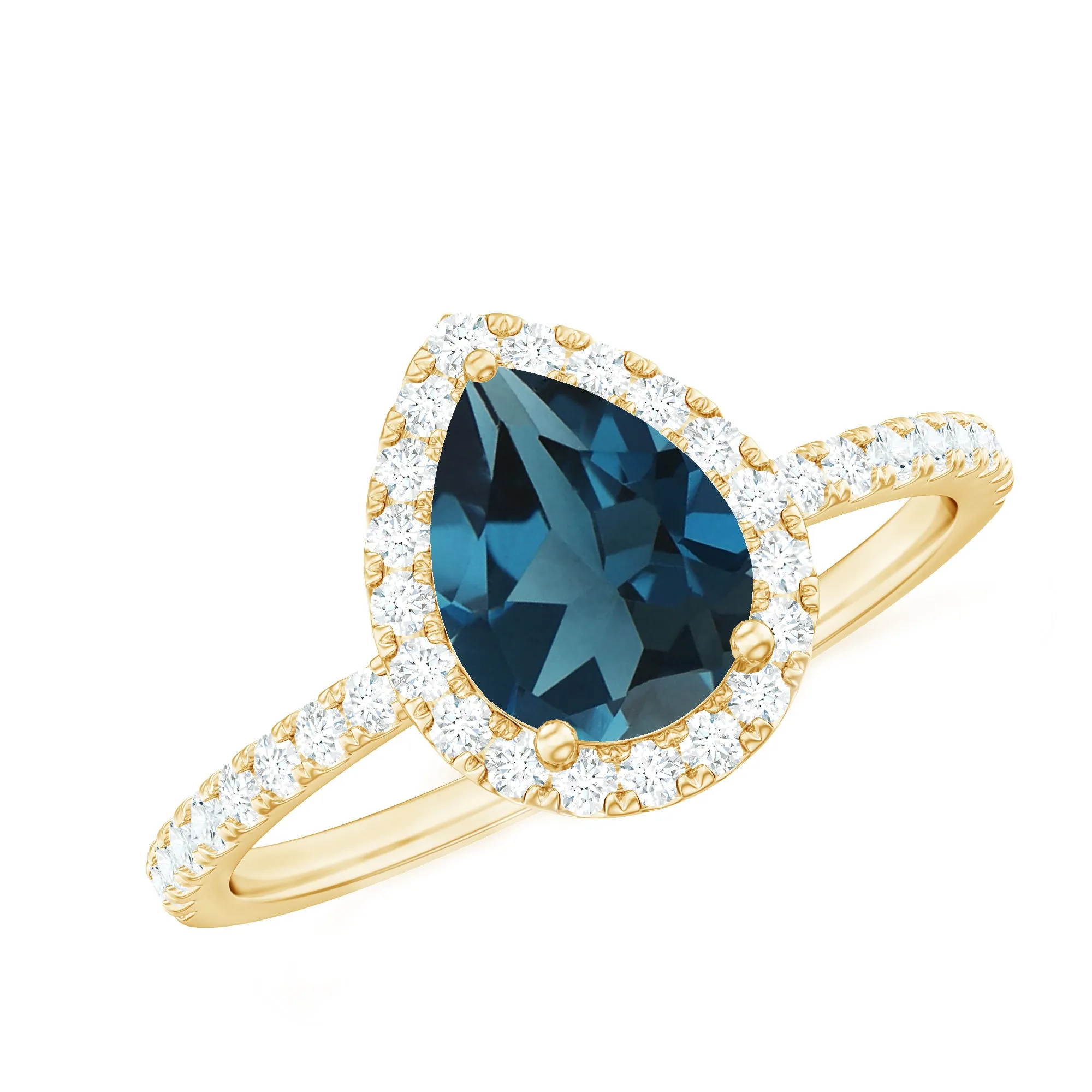 1.5 CT Teardrop London Blue Topaz Ring with Moissanite Halo