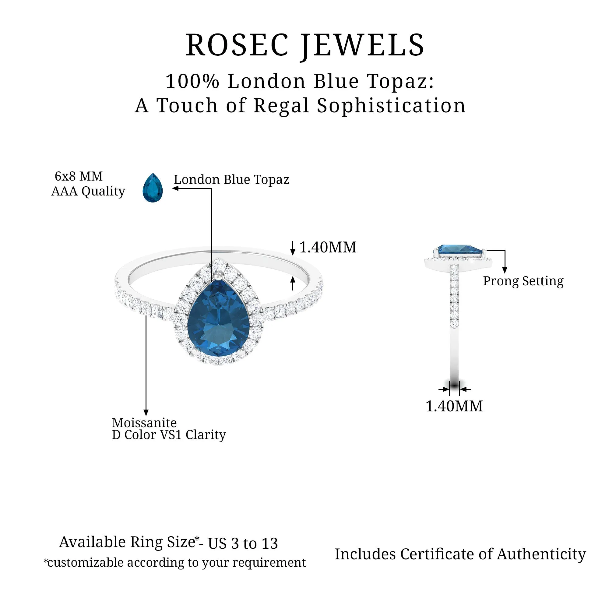 1.5 CT Teardrop London Blue Topaz Ring with Moissanite Halo