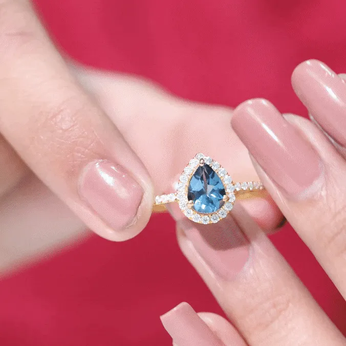 1.5 CT Teardrop London Blue Topaz Ring with Moissanite Halo