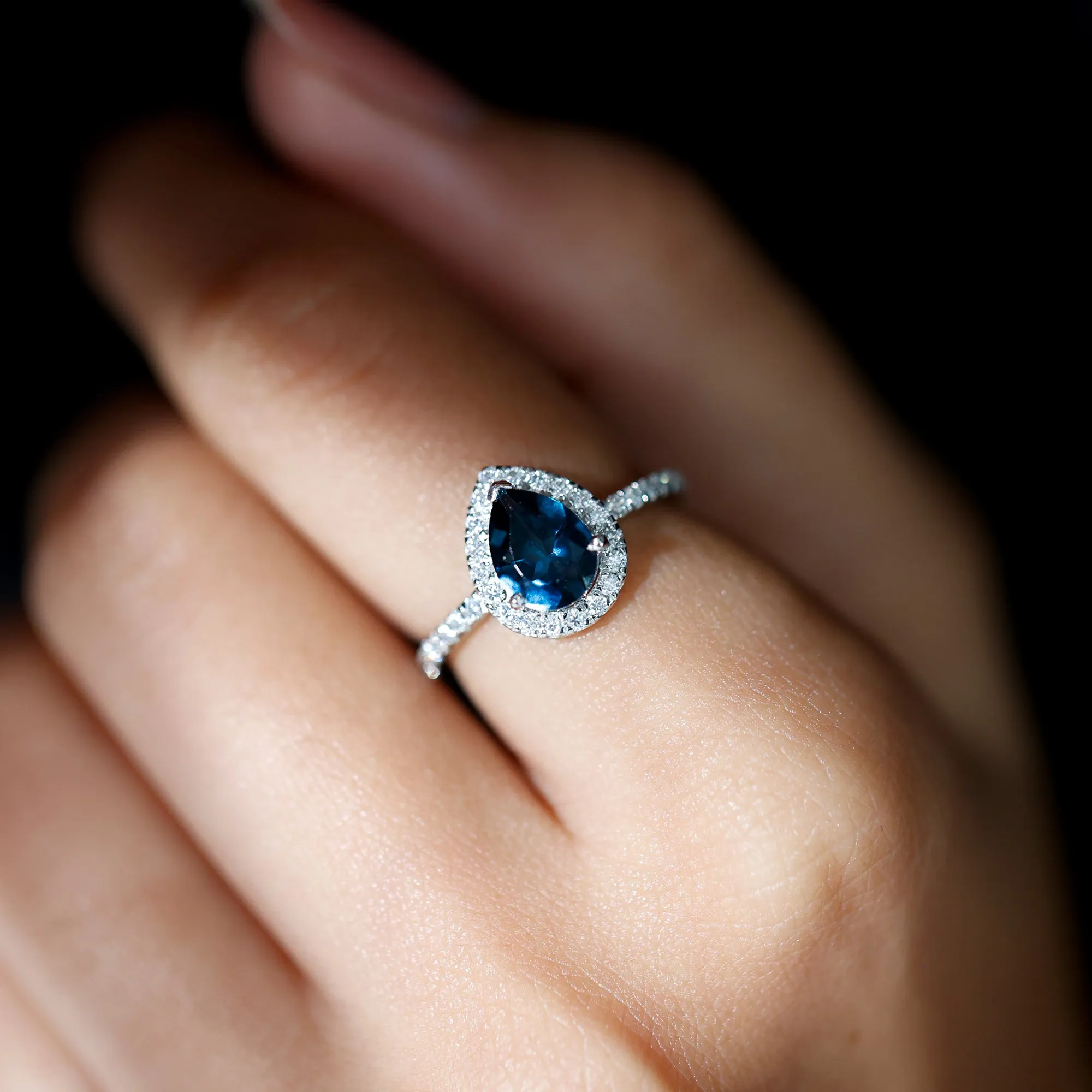 1.5 CT Teardrop London Blue Topaz Ring with Moissanite Halo