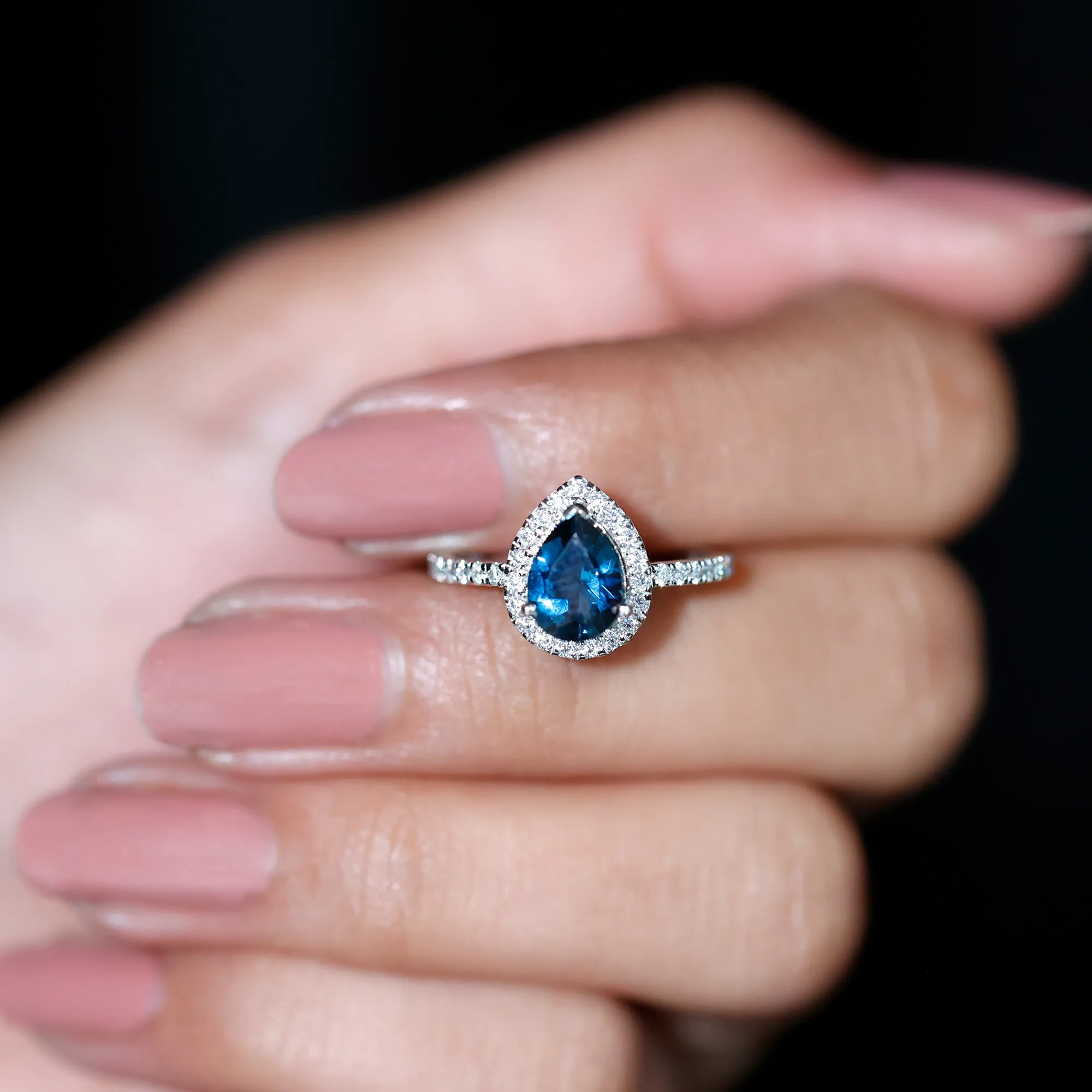1.5 CT Teardrop London Blue Topaz Ring with Moissanite Halo