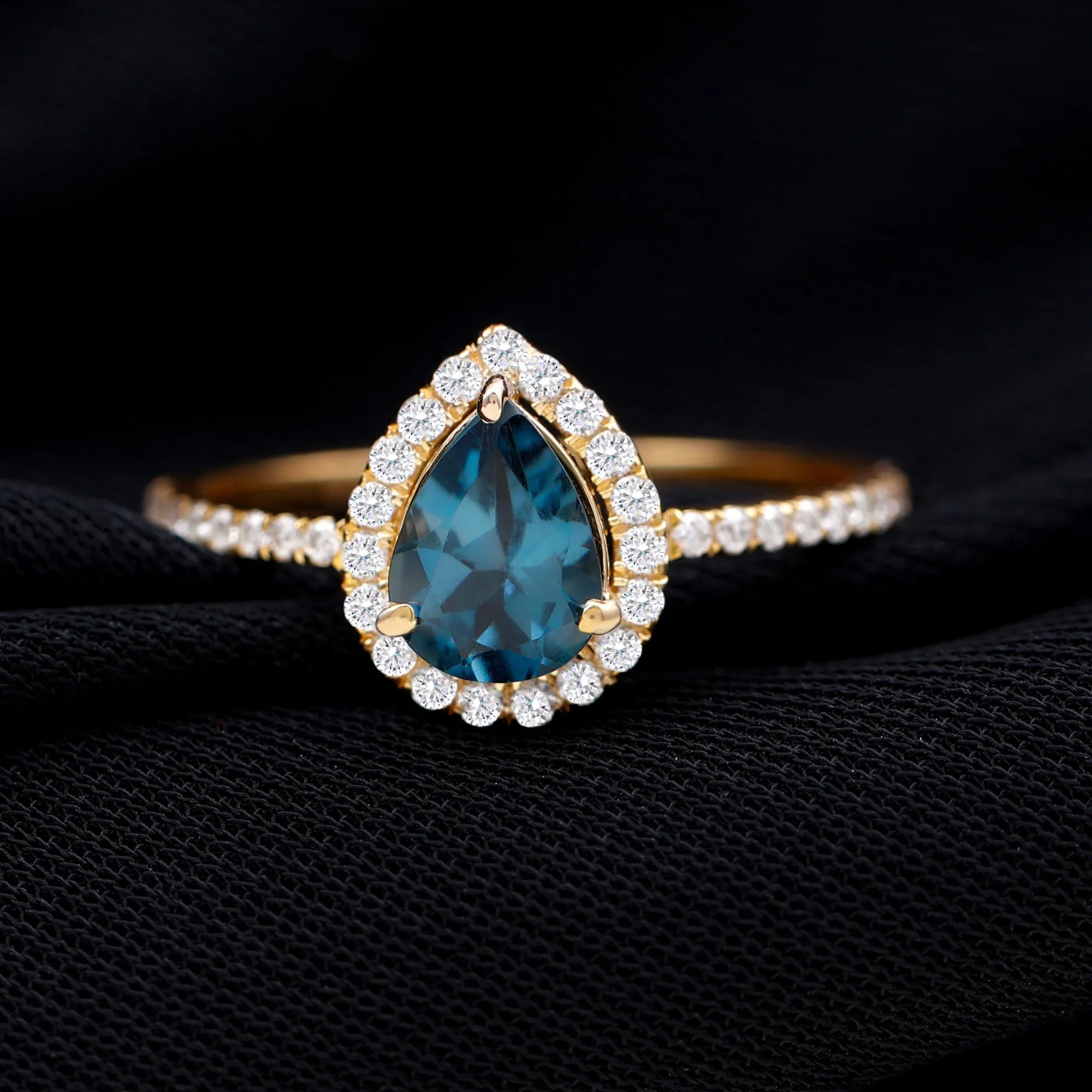 1.5 CT Teardrop London Blue Topaz Ring with Moissanite Halo