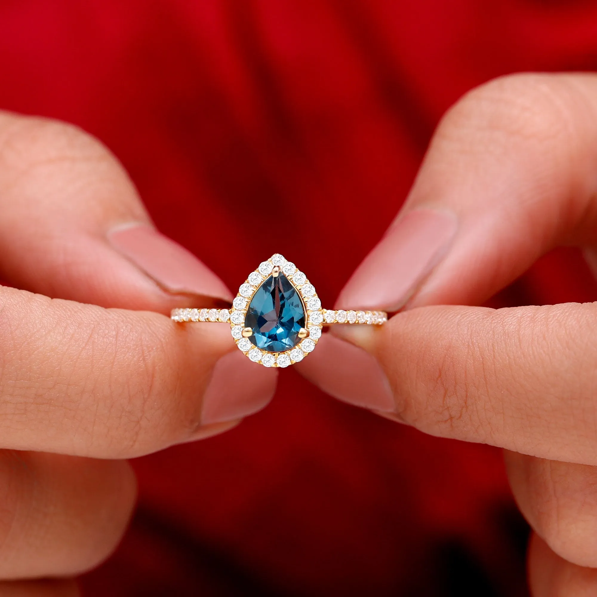 1.5 CT Teardrop London Blue Topaz Ring with Moissanite Halo
