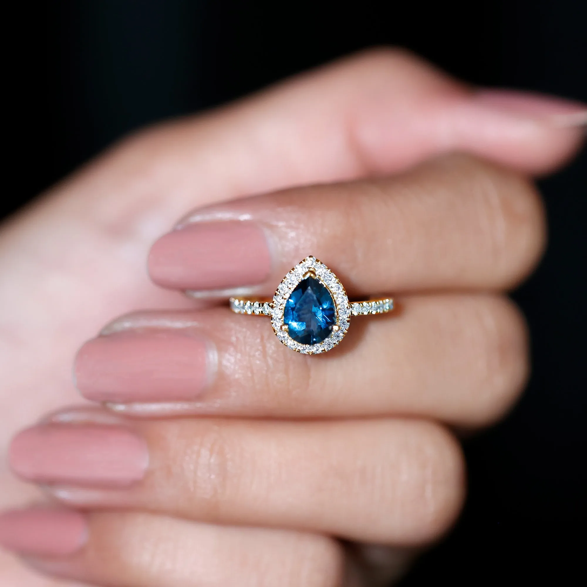 1.5 CT Teardrop London Blue Topaz Ring with Moissanite Halo