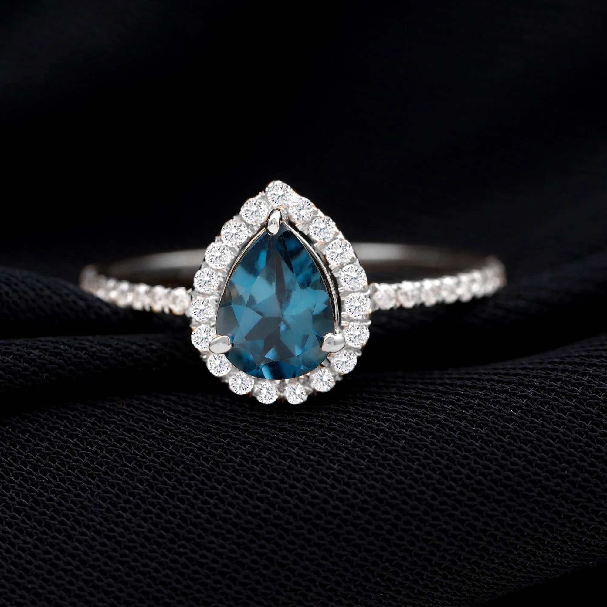 1.5 CT Teardrop London Blue Topaz Ring with Moissanite Halo