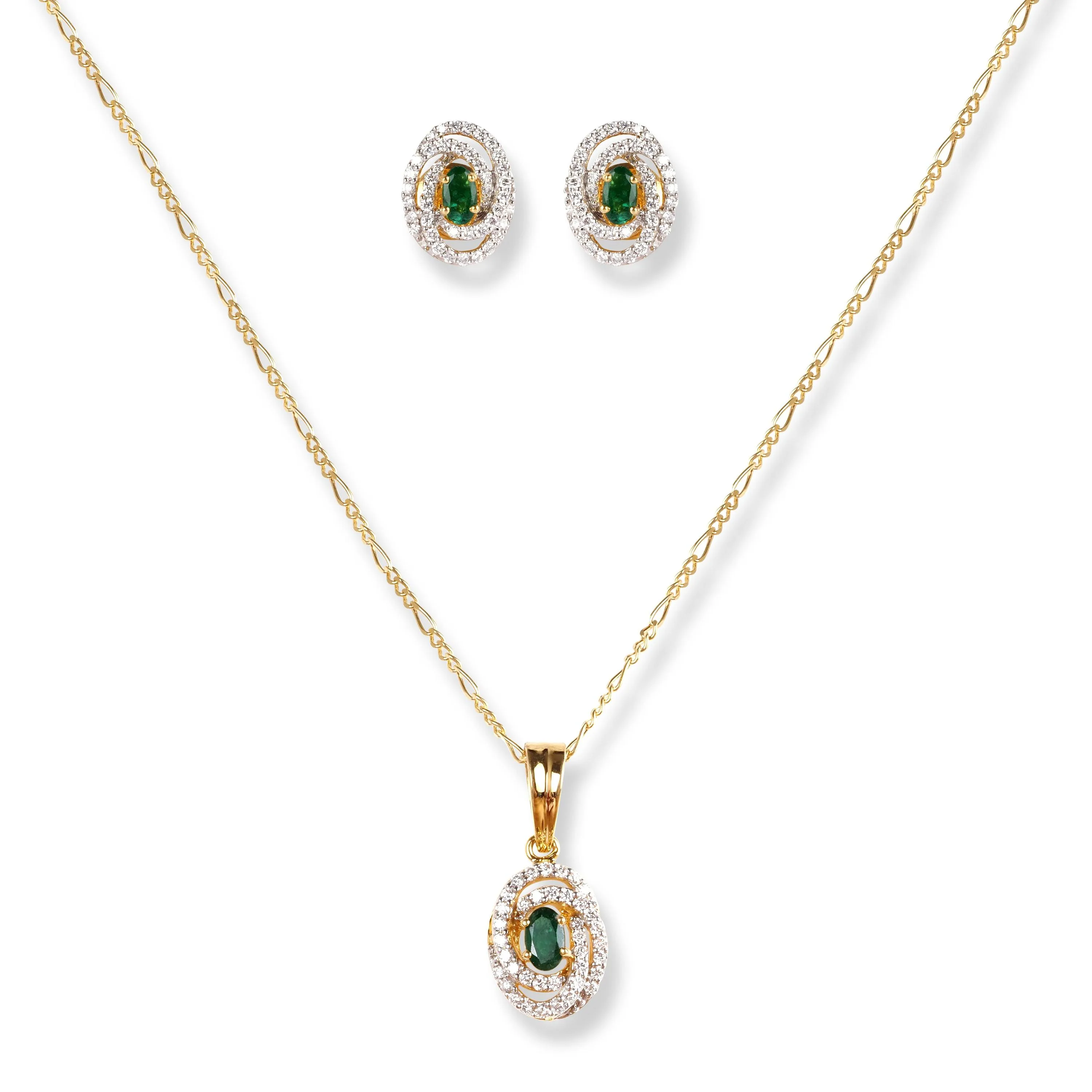 18ct Yellow Gold Diamond & Emerald Set (Pendant   Chain   Earrings) MCS6245/46