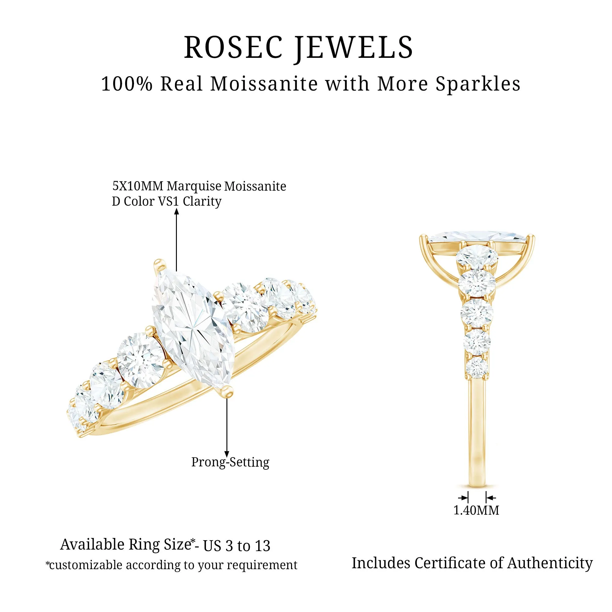 2.5 Ct Marquise Moissanite Engagement Ring With Side Stones
