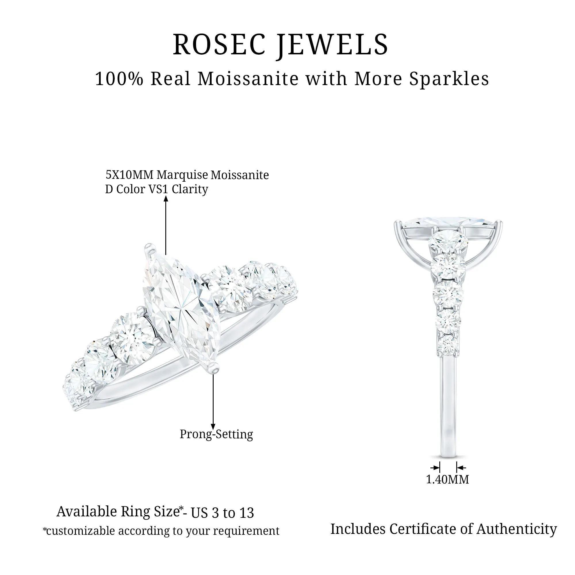 2.5 Ct Marquise Moissanite Engagement Ring With Side Stones