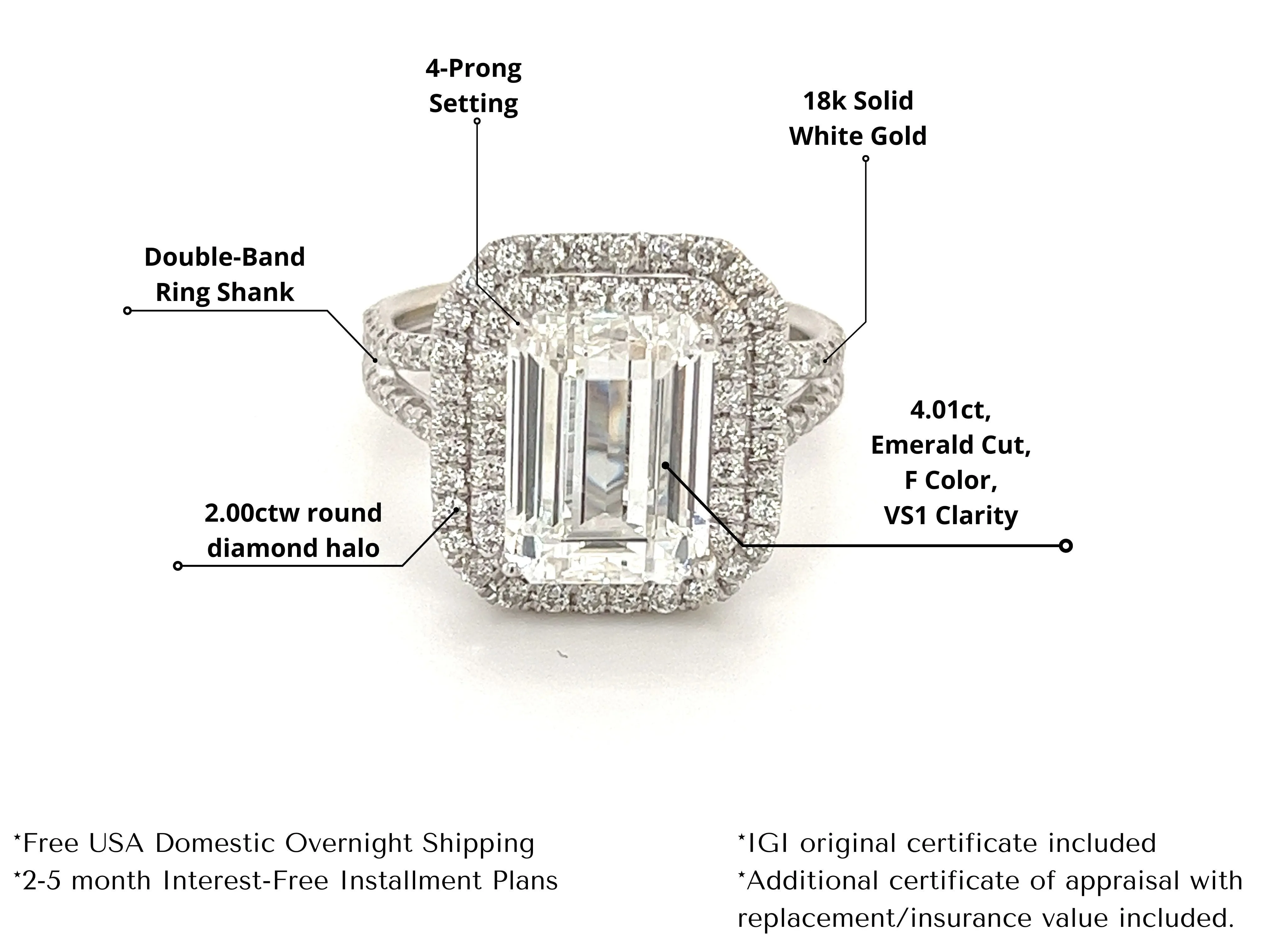 4 CARAT, F color, VS1 clarity. Emerald Cut Lab Diamond Engagement White Gold Ring