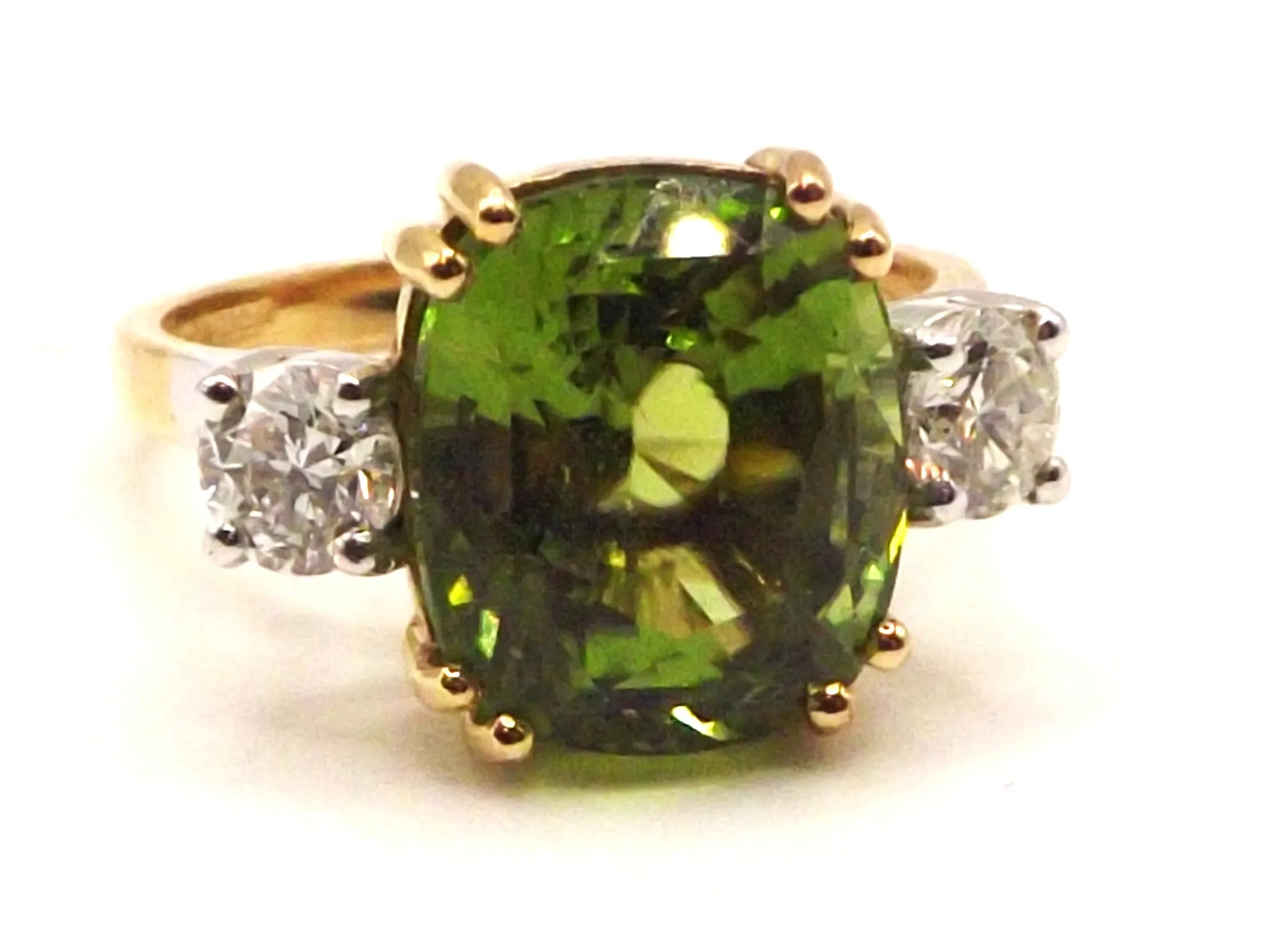 5.55 ct Cushion Cut Peridot   0.50 ct Diamonds 18 ct Yellow and White Gold