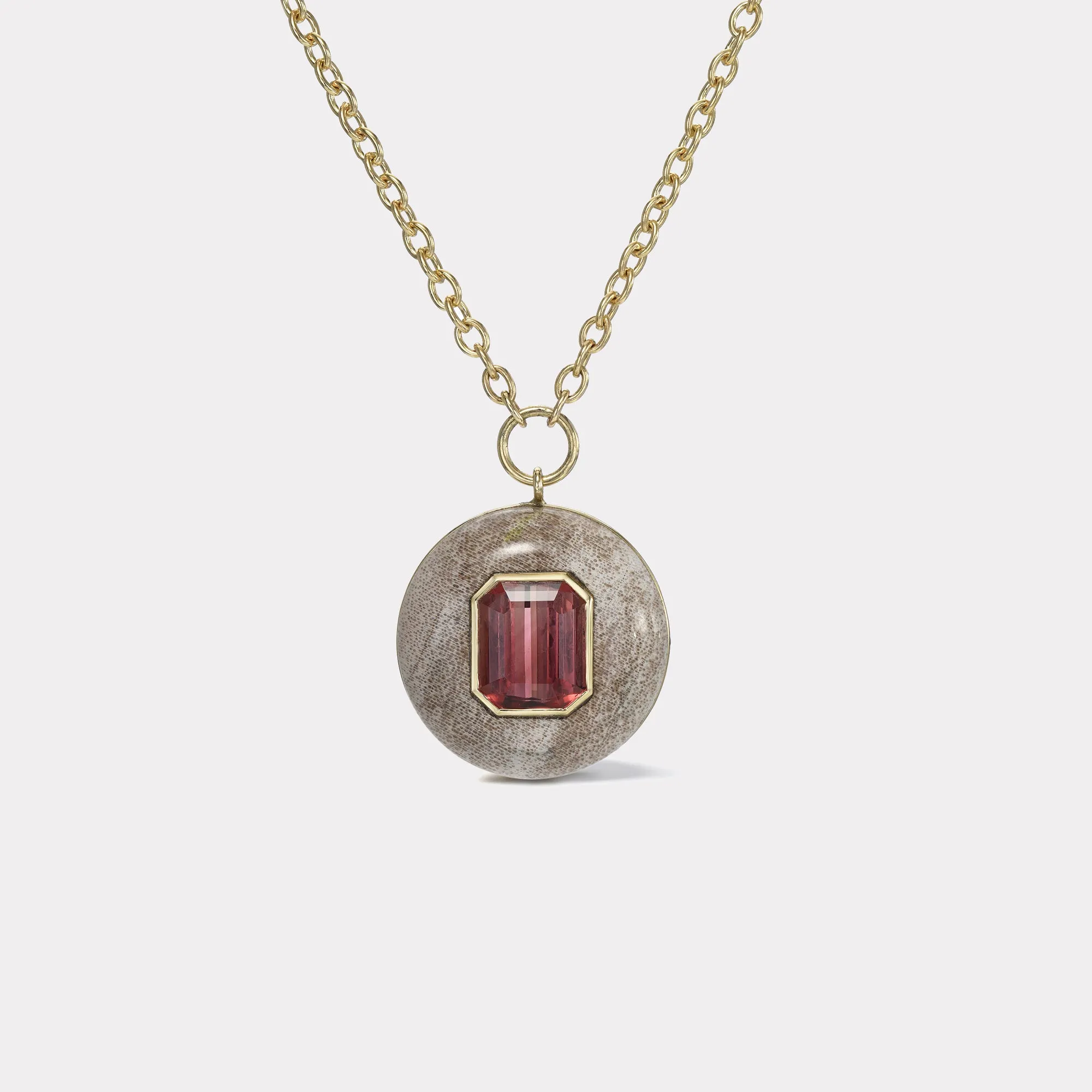 6.25ct Emerald Cut Red Tourmaline in Petrified Wood Lollipop Pendant