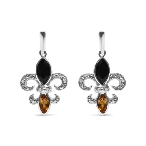 .925 Sterling Silver Marquise Cut Onyx and Citrine with Diamond Accent Fleur De Lis Drop Stud Earrings (H-I Color, SI1-SI2 Clarity)