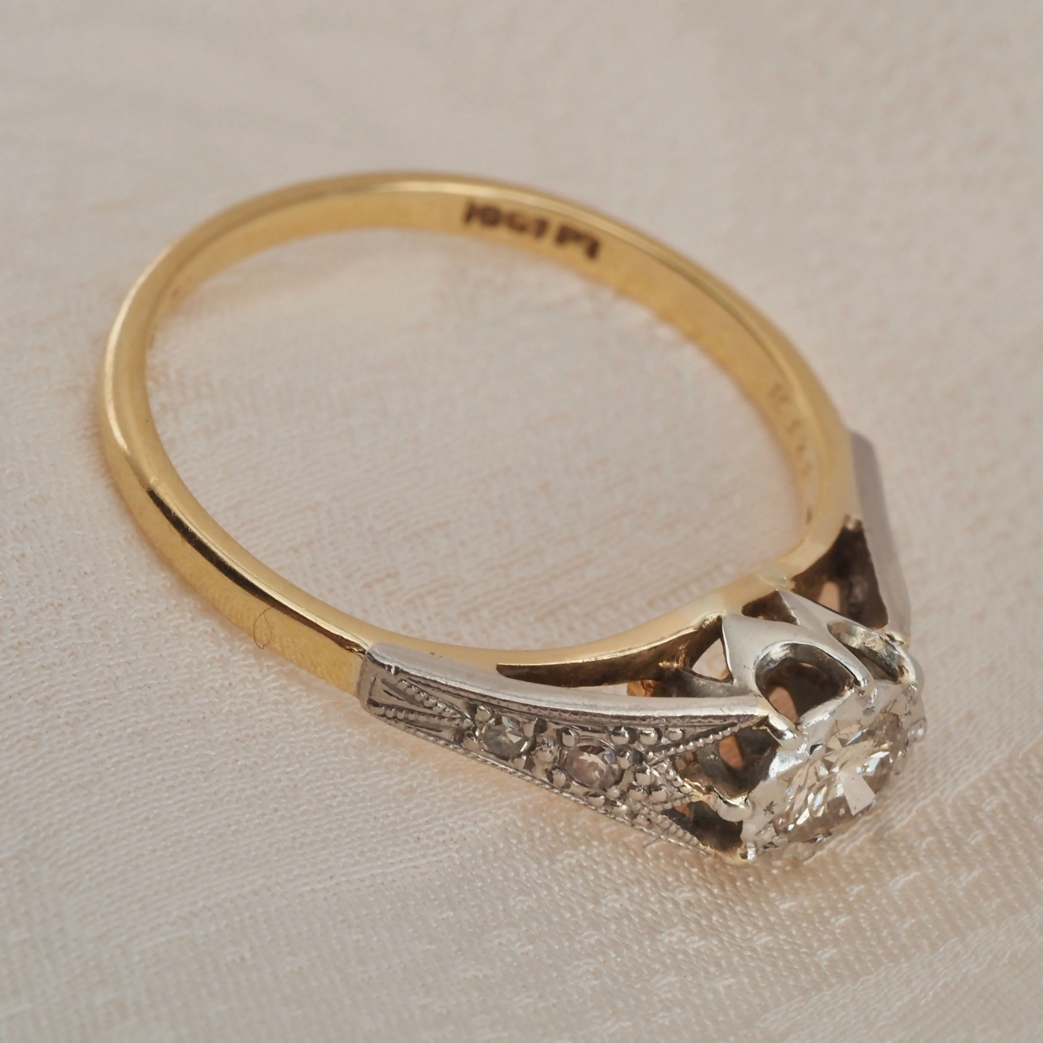 Antique Edwardian 18k White and Yellow Gold Transitional Cut Diamond Solitaire Engagement Ring