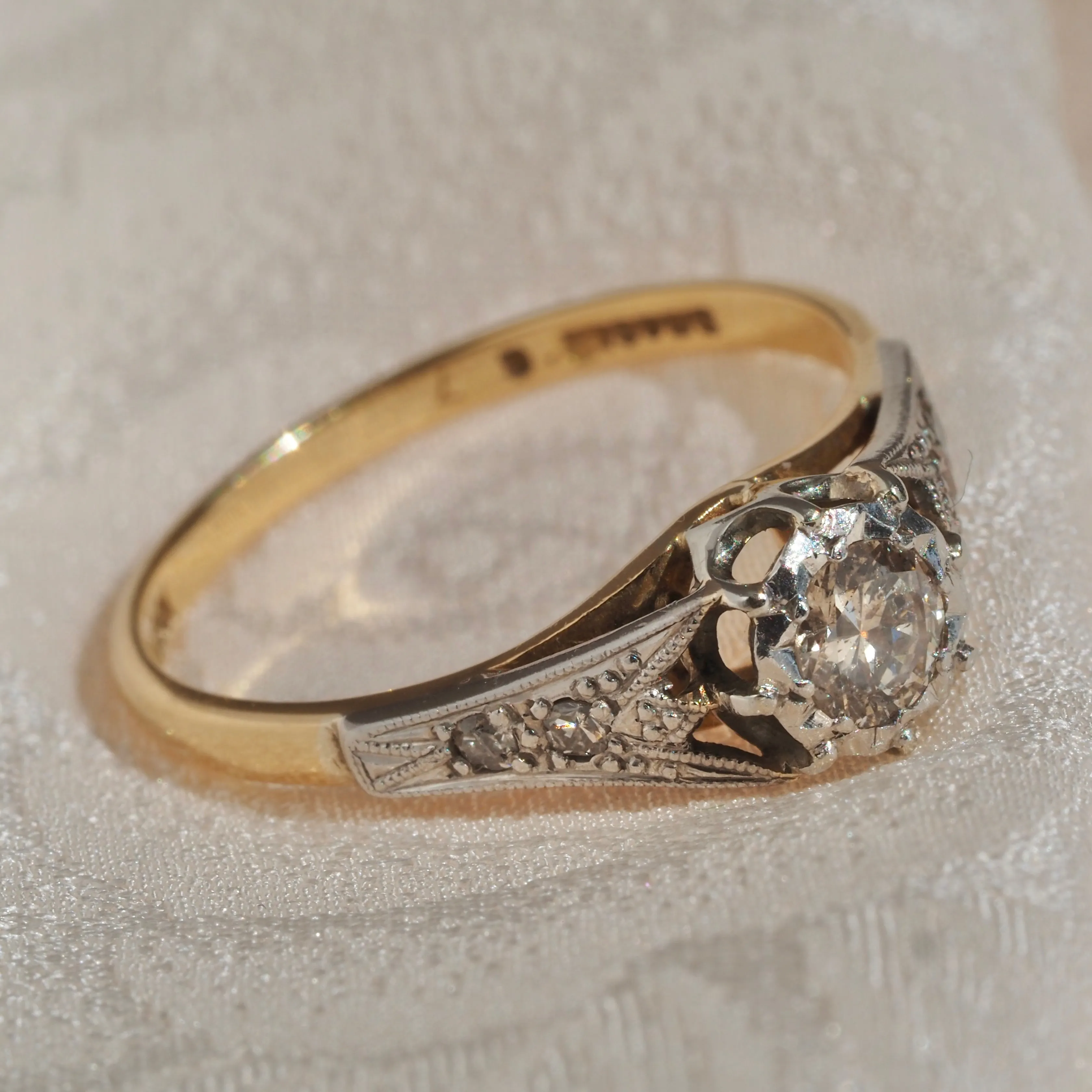 Antique Edwardian 18k White and Yellow Gold Transitional Cut Diamond Solitaire Engagement Ring