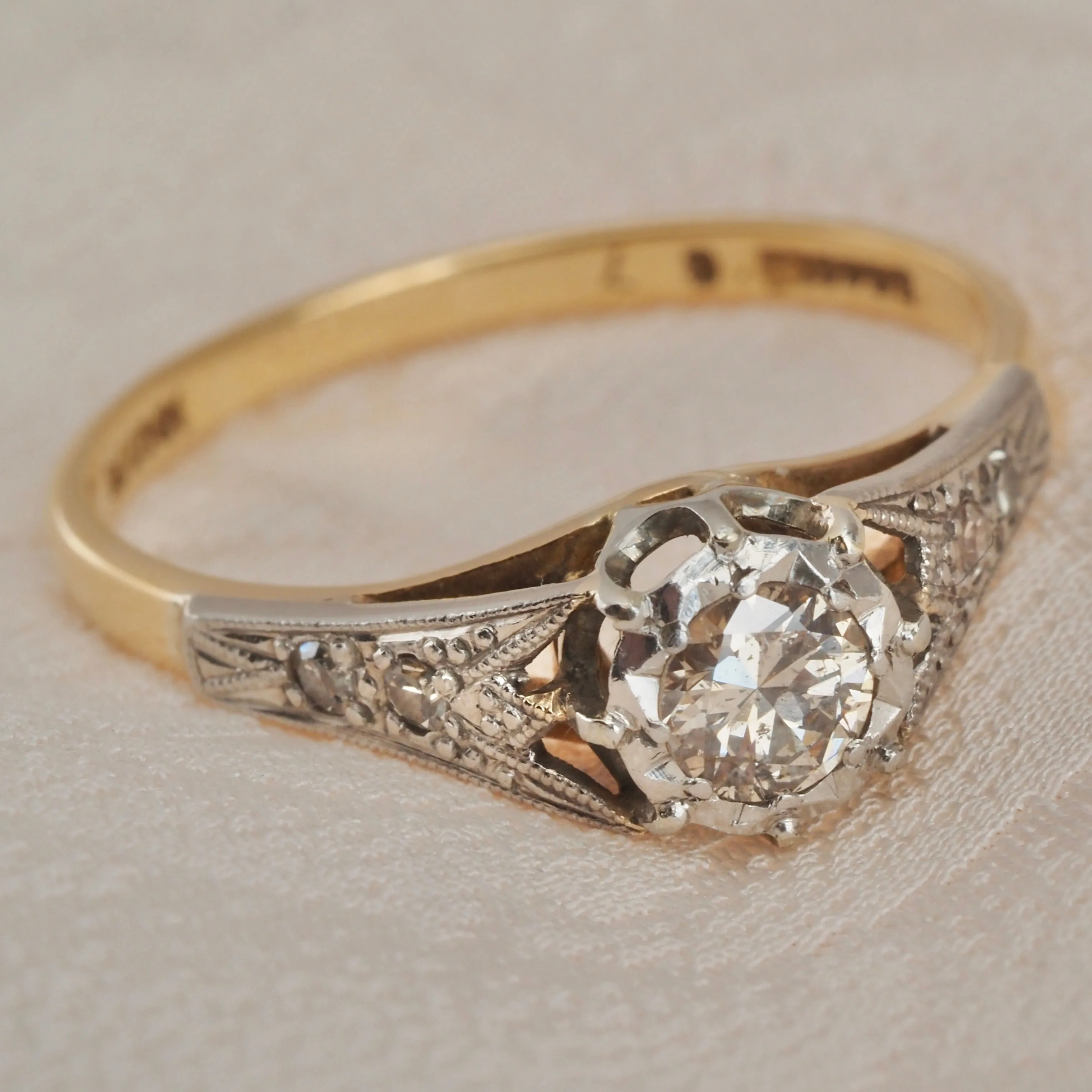 Antique Edwardian 18k White and Yellow Gold Transitional Cut Diamond Solitaire Engagement Ring