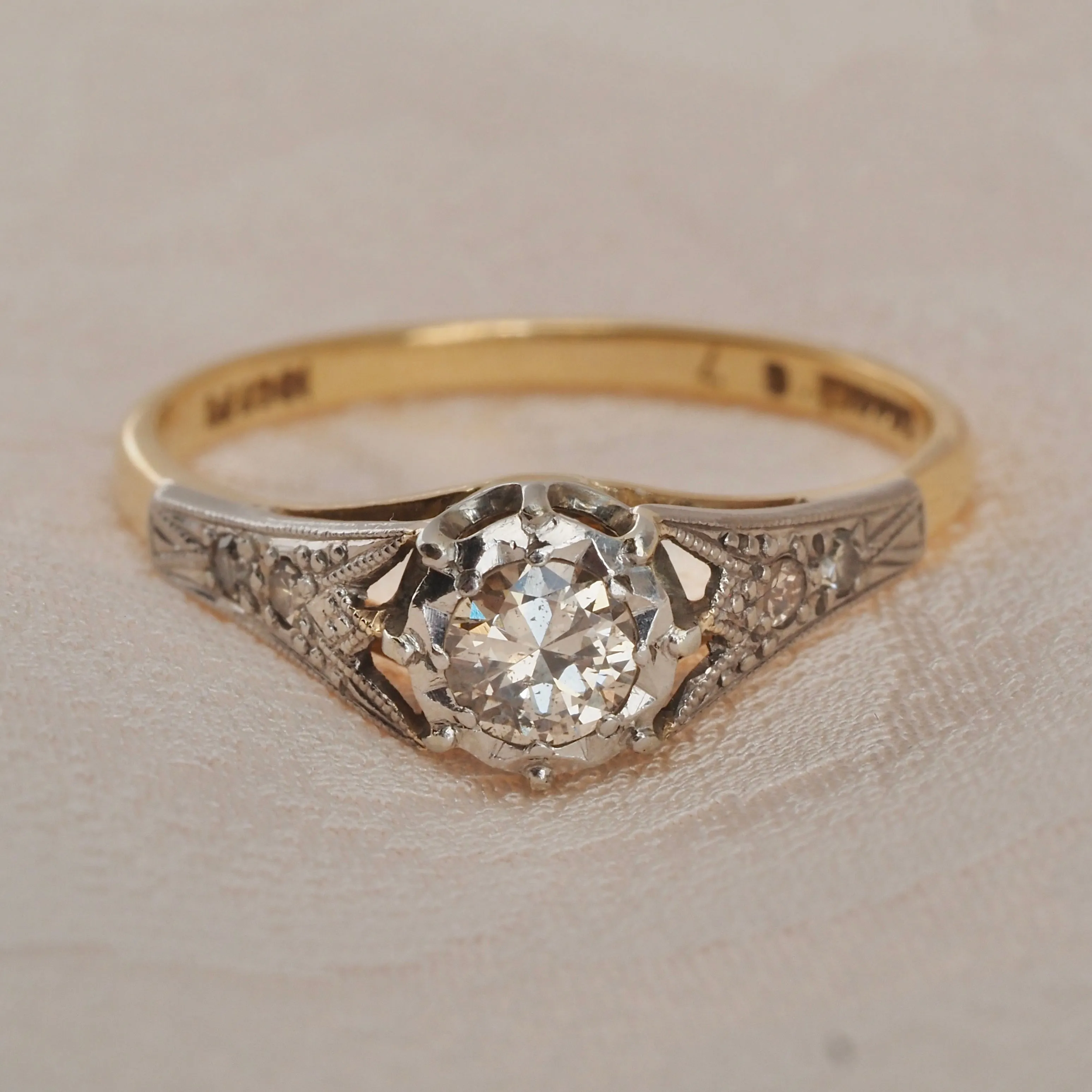 Antique Edwardian 18k White and Yellow Gold Transitional Cut Diamond Solitaire Engagement Ring
