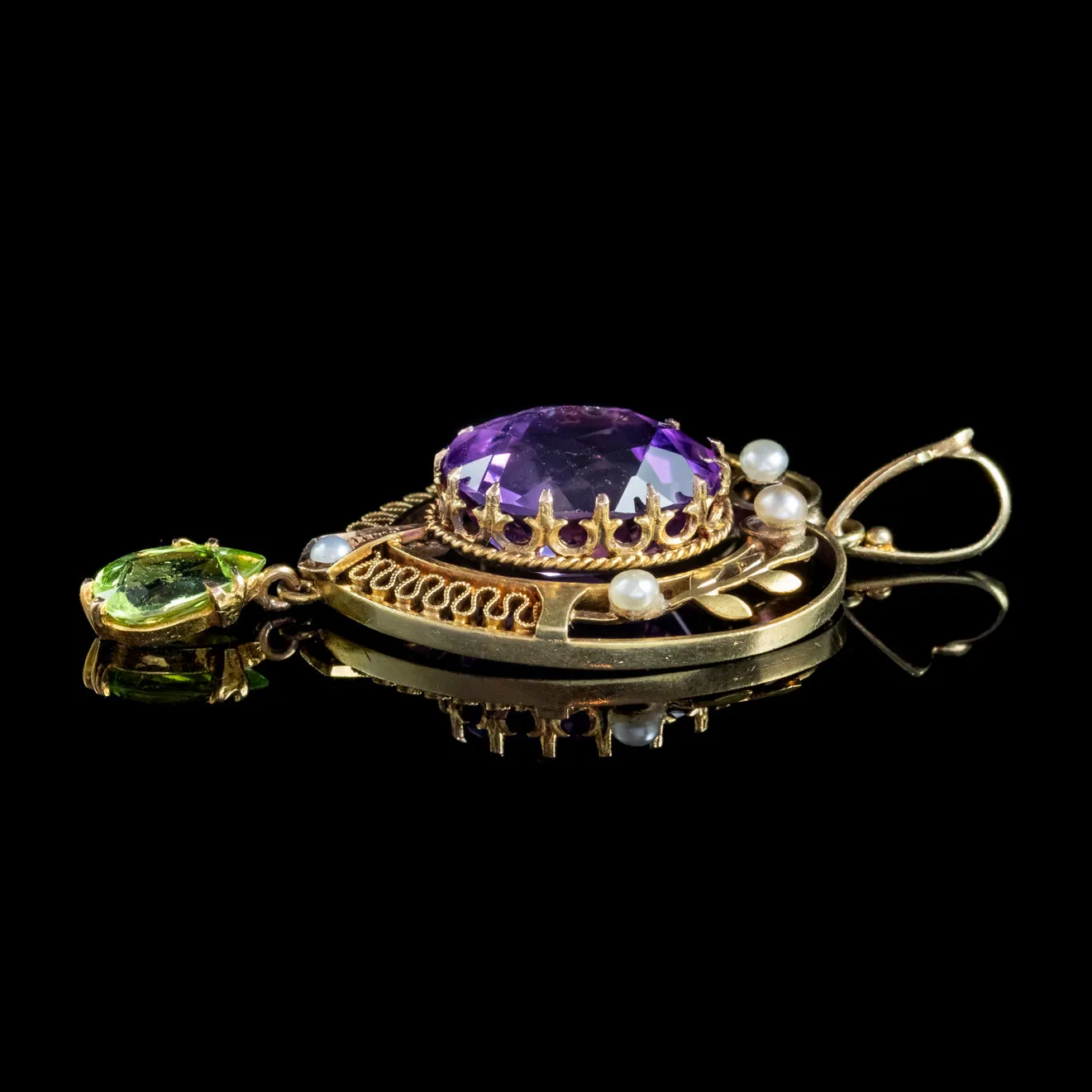 Antique Edwardian Suffragette Pendant 6Ct Amethyst Pearl Peridot 15Ct Gold Circa 1910